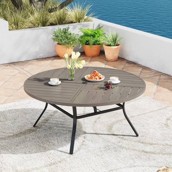 Vicllax Outdoor Patio Dining Table Dia.60" Slatted Tabletop Metal Frame with Umbrella Hole, Graywood