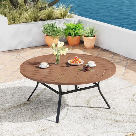 Vicllax Outdoor Patio Dining Table Dia.60" Slatted Tabletop Metal Frame with Umbrella Hole, Walnut