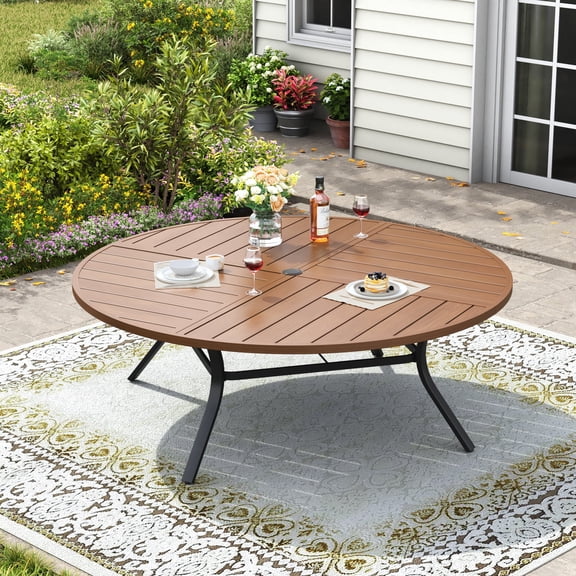 Vicllax Outside Outdoor Patio Dining Table 63" Round Metal Spliced Table with Umbrella Hole, Walnut