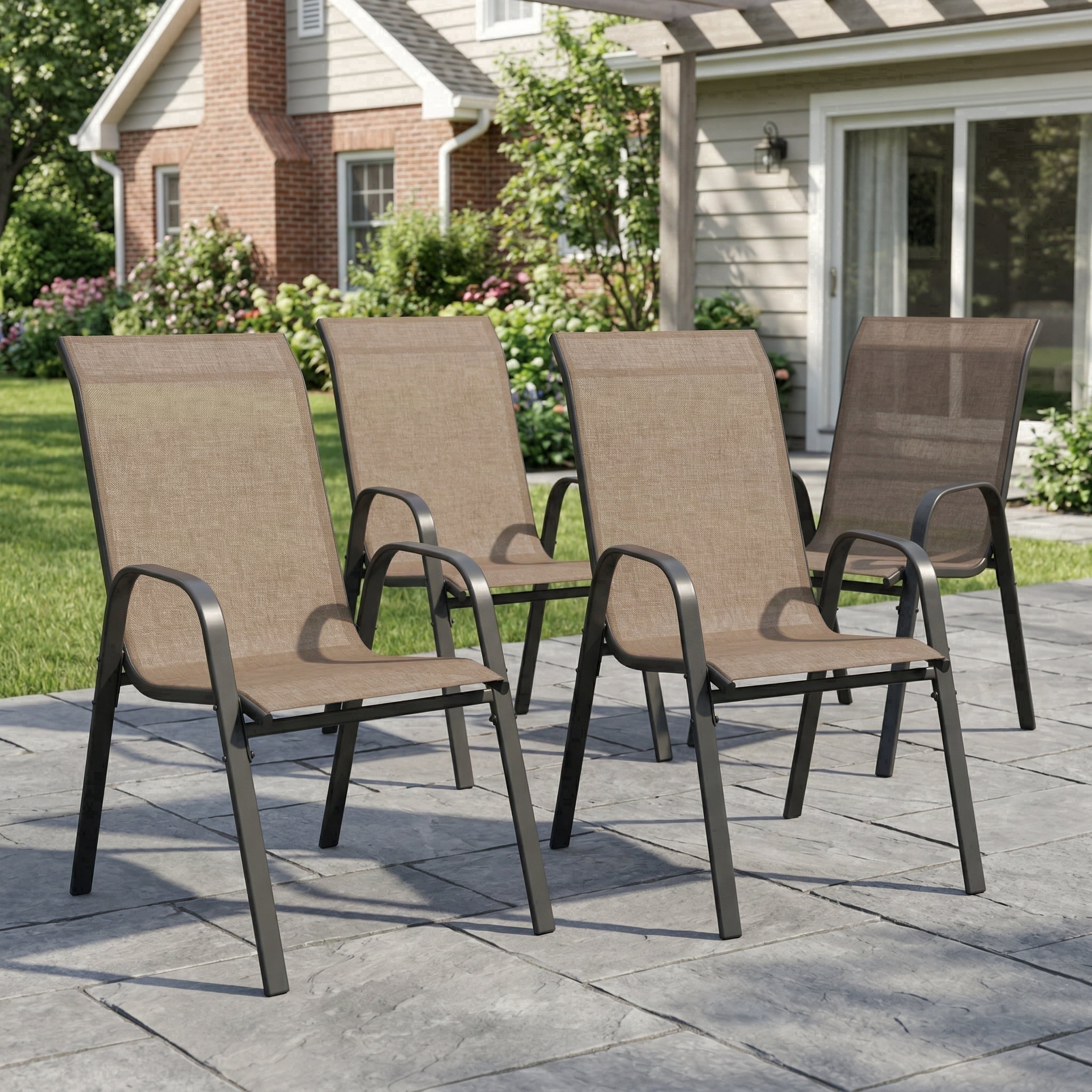 Vicllax Stackable Patio Dining Chairs Set of 4 , Modern Textilene Outdoor Chairs with Metal Frame for Garden, Backyard, Poolside,Black&Gray&Brown
