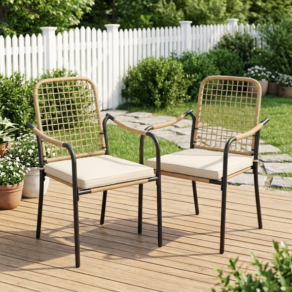 Vicllax Stackable PE Rattan Patio Dining Chair, All-Weather Outdoor Wicker Armchair with Cushion , Set of 2