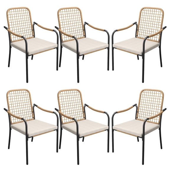 Vicllax Stackable PE Rattan Patio Dining Chair, All-Weather Outdoor Wicker Armchair with Cushion , Set of 6