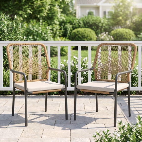 Vicllax Stackable PE Rattan Patio Dining Chair, All-Weather Outdoor Wicker Armchair with Quick-Dry Cushion, Set of 2 , for Garden, Backyard
