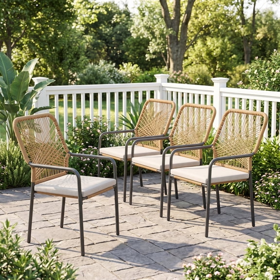 Vicllax Stackable PE Rattan Patio Dining Chair, All-Weather Outdoor Wicker Armchair with Quick-Dry Cushion , Set of 4 , for Garden, Backyard,