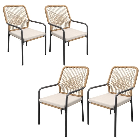 Vicllax Stackable PE Rattan Patio Dining Chair, All-Weather Outdoor Wicker Armchair with Quick-Dry Cushion , Set of 4 , for Garden, Backyard,