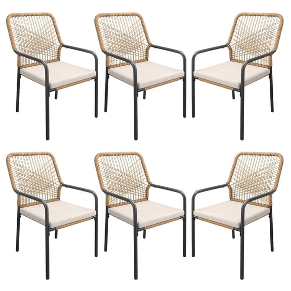 Vicllax Stackable PE Rattan Patio Dining Chair, All-Weather Outdoor Wicker Armchair with Quick-Dry Cushion, Set of 6 , for Garden, Backyard,