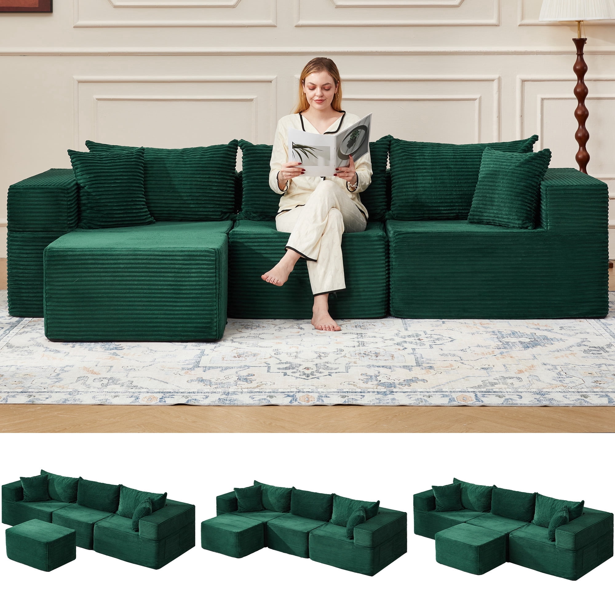 Vicluke 102" Cloud Couch Sectional, L Shaped Modern Sofa with Ottoman, Comfy Corduroy Fabric Modular Sectional Sofa in a Box, Boneless Couches for Living Room, No Assembly Required (Green)