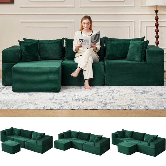 Vicluke 102" Cloud Couch Sectional, L Shaped Modern Sofa with Ottoman, Comfy Corduroy Fabric Modular Sectional Sofa in a Box, Boneless Couches for Living Room, No Assembly Required (Green)