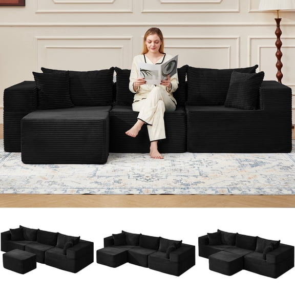 Vicluke 102" Cloud Couch Sectional, L Shaped Modern Sofa with Ottoman, Comfy Corduroy Fabric Modular Sectional Sofa in a Box, Boneless Couches for Living Room, No Assembly Required (Black)