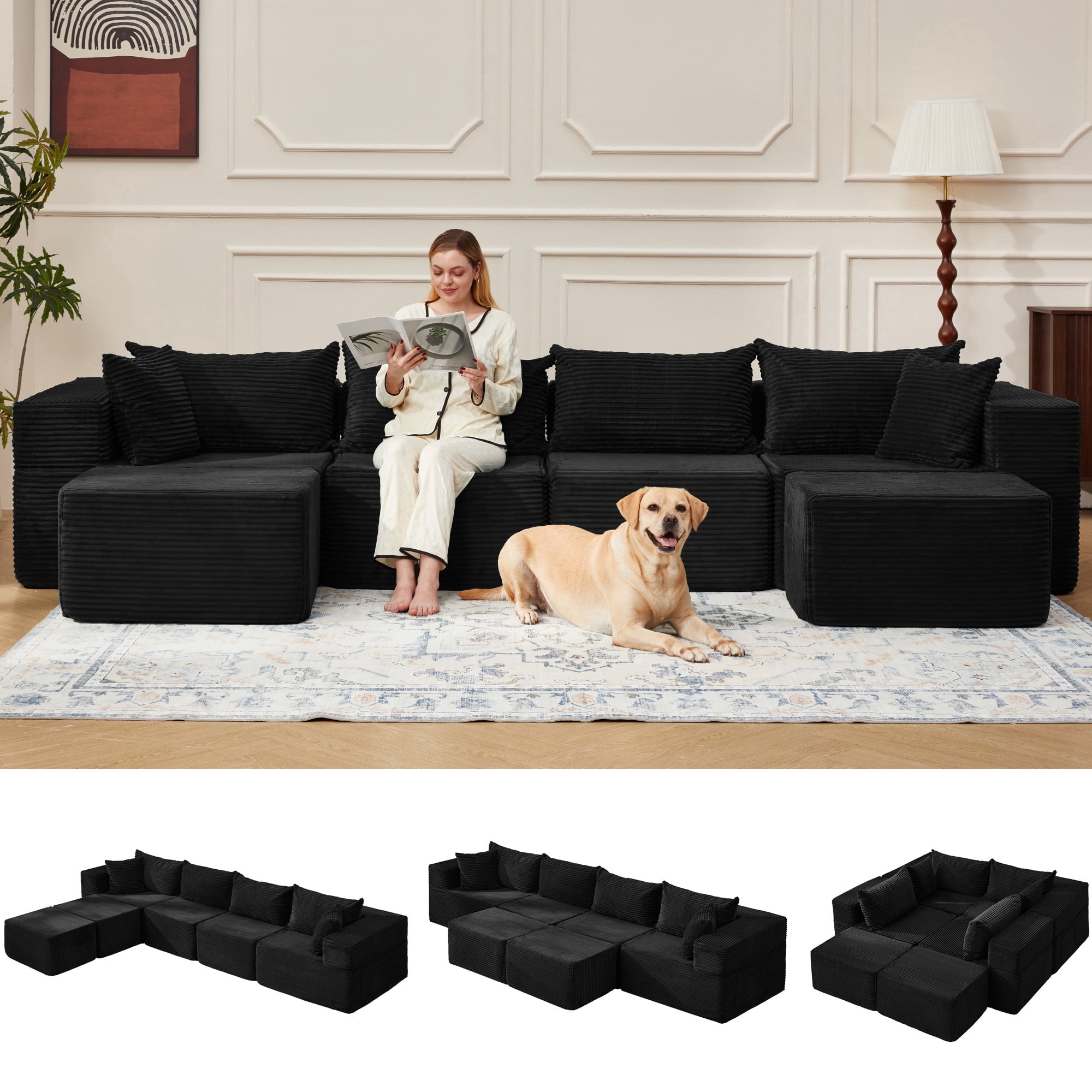 Vicluke 131" Cloud Couch Sectional, U Shaped Modern Sofa with 2 Ottomans, Comfy Corduroy Fabric Modular Sectional Sofa in a Box, Boneless Couches for Living Room, No Assembly Required (Black)