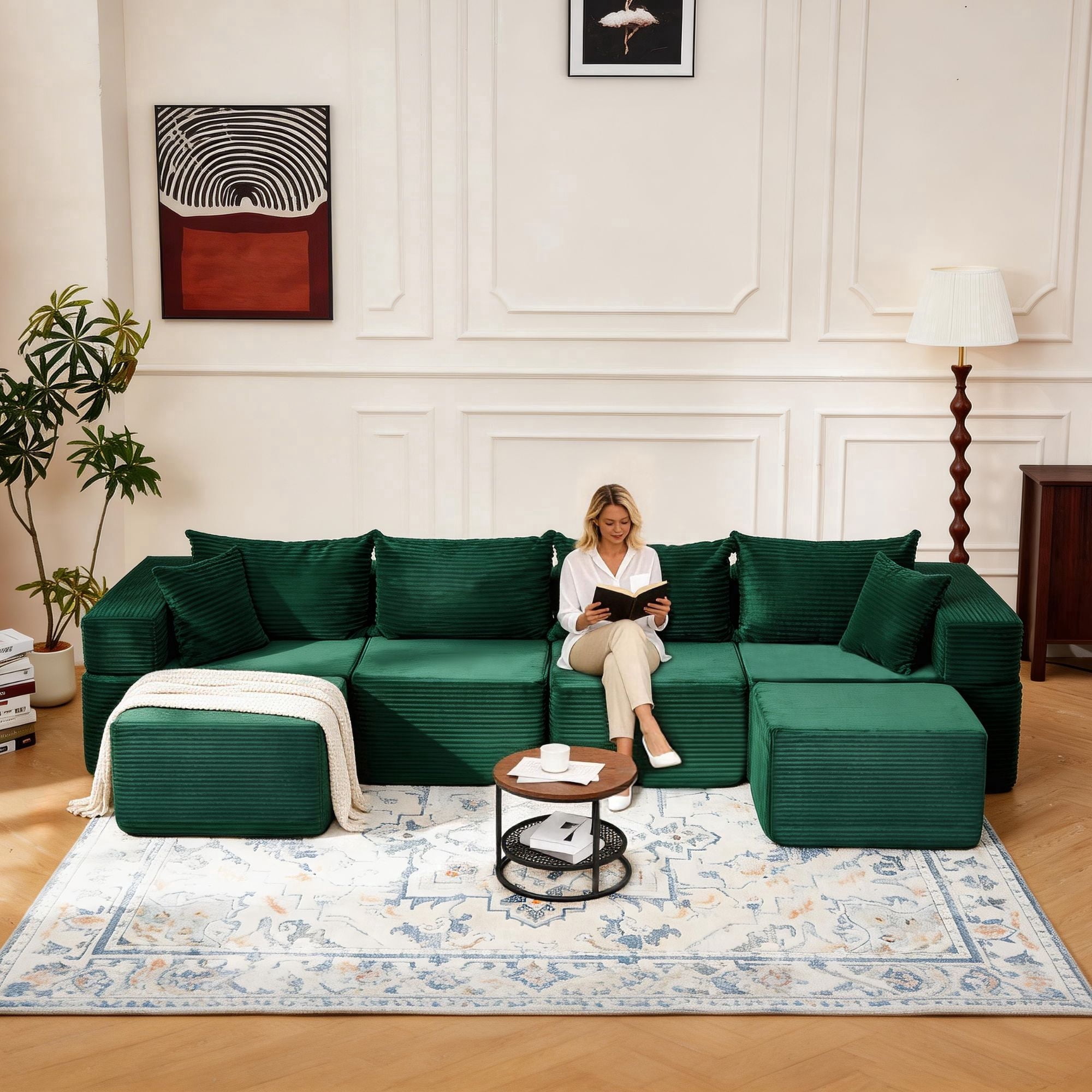 Vicluke 131" Boneless Memory Foam Sofa with 2 Ottomans, Comfy Corduroy Fabric Modular Sectional Couch, U-Shaped Sofa for Living Room & Apartment, No Assembly Required (Green)