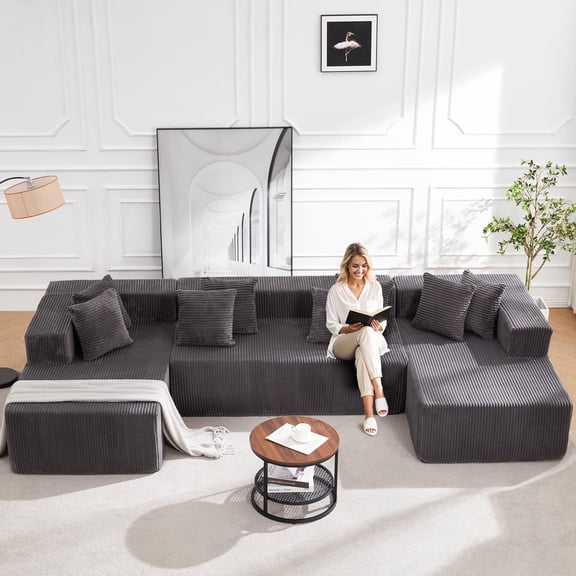 Vicluke 131" Boneless Memory Foam Sofa with Chaise Lounge, Comfy Corduroy Fabric Modular Sectional Couch, U-Shaped Sofa for Living Room & Apartment, No Assembly Required (Gray)