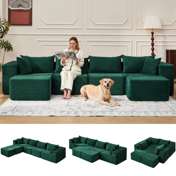 Vicluke 131" Cloud Couch Sectional, U Shaped Modern Sofa with 2 Ottomans, Comfy Corduroy Fabric Modular Sectional Sofa in a Box, Boneless Couches for Living Room, No Assembly Required (Green)