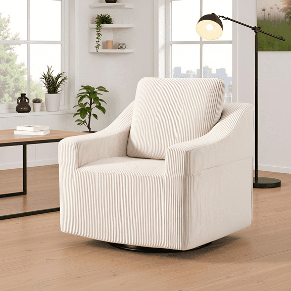 Vicluke 2-in-1 Swivel Accent Chair with All-Foam Cloud Comfort, 360 Rotating & Fixed Mode, Oversized Square Barrel Chair for Small Spaces, Corduroy Upholstery with Storage Pocket, Beige
