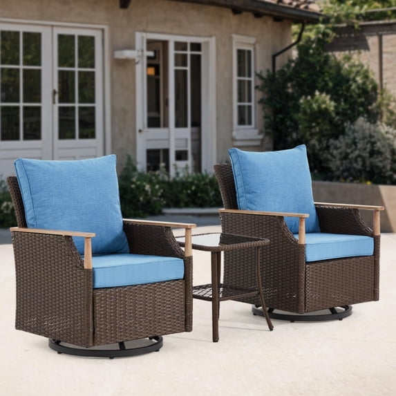 Vicluke 3 Piece Outdoor Swivel Chair Set, Wicker Patio Bistro Set with Thick Cushions and Coffee Table, Patio Furniture Conversation Set for Deck, Yard, Garden, Poolside, Blue