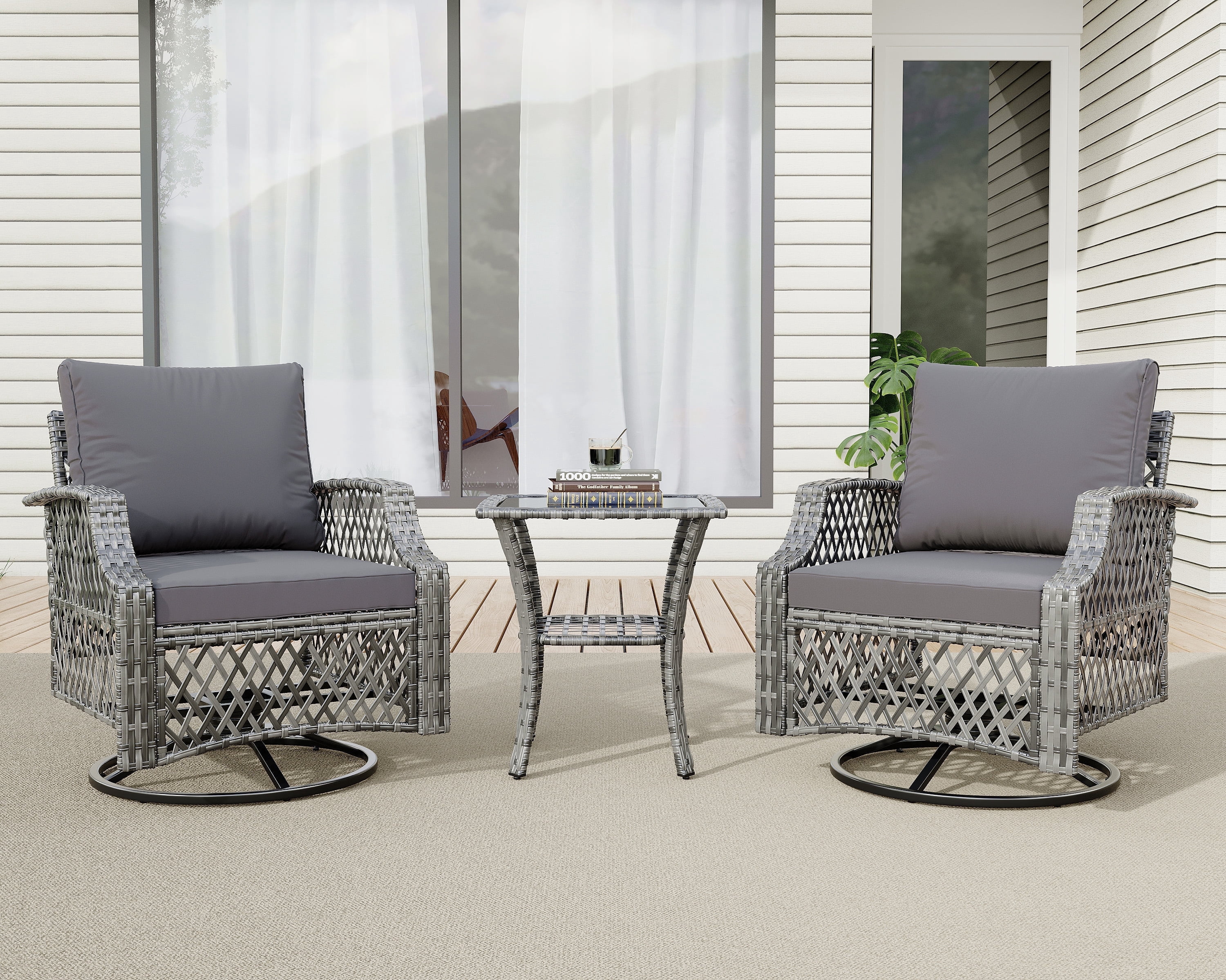 Vicluke 3 Piece Outdoor Swivel Chair Set, Wicker Patio Bistro Set with Thickened 25D Cushions and Glass Coffee Table, Patio Furniture Conversation Set for Deck, Yard, Garden, Poolside(Gray)