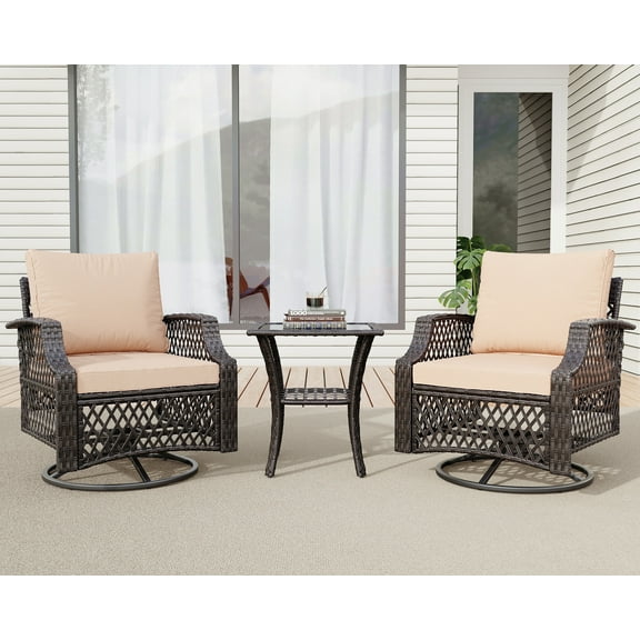 Vicluke 3 Piece Outdoor Swivel Chair Set, Wicker Patio Bistro Set with Thickened 25D Cushions and Glass Coffee Table, Patio Furniture Conversation Set for Deck, Yard, Garden, Poolside(Khaki)