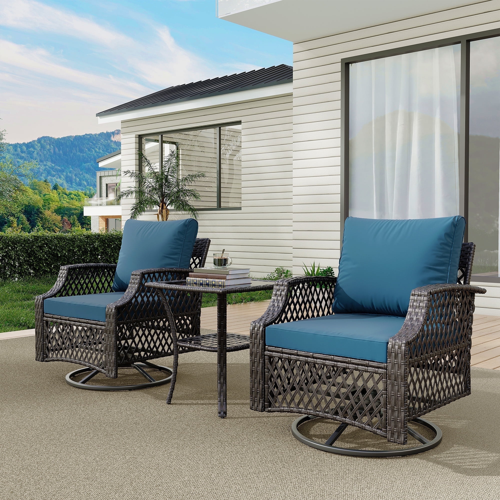 Vicluke 3 Piece Outdoor Swivel Chair Set, Wicker Patio Bistro Set with Thickened 25D Cushions and Glass Coffee Table, Patio Furniture Conversation Set for Deck, Yard, Garden, Poolside(Turquoise)