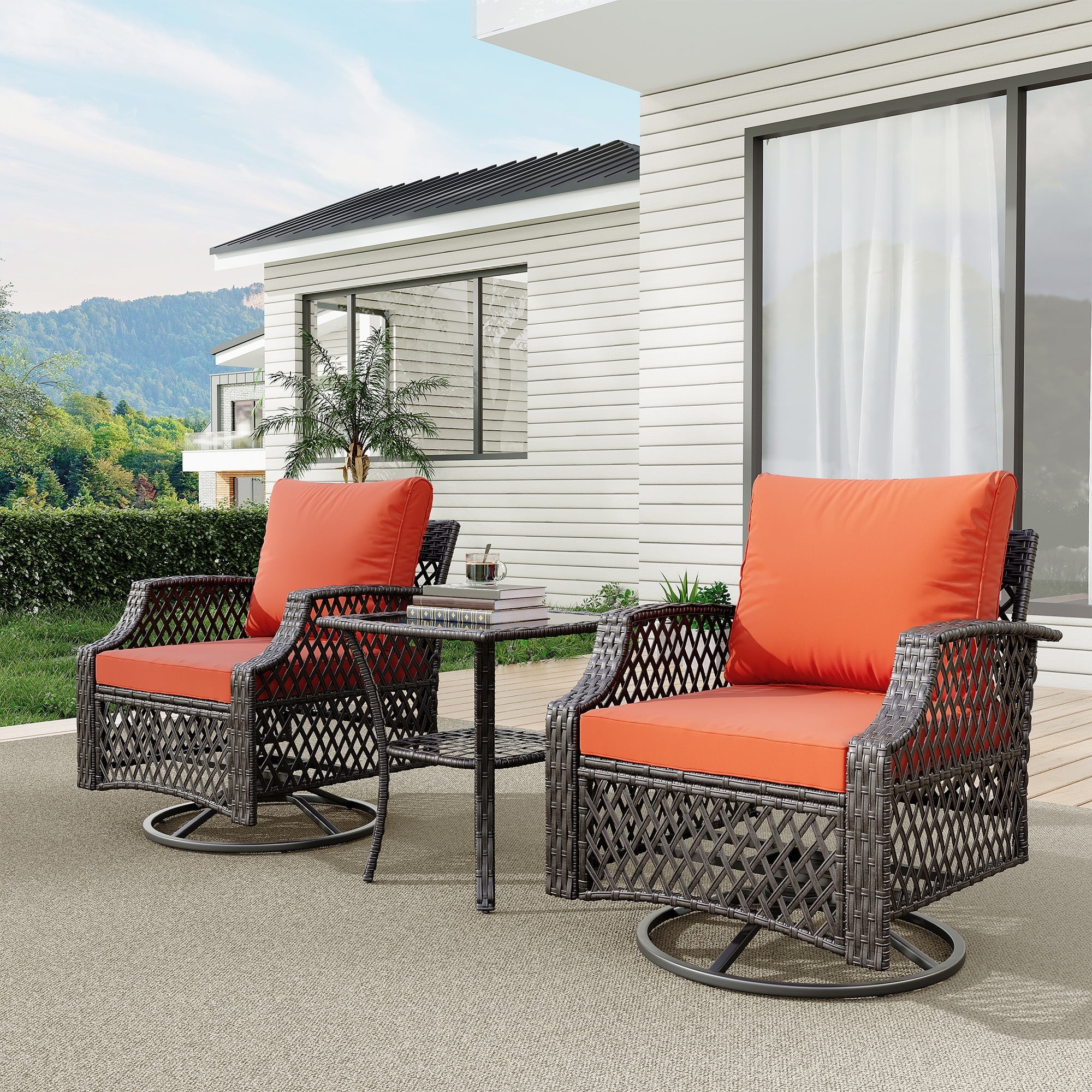 Vicluke 3 Piece Outdoor Swivel Chair Set, Wicker Patio Bistro Set with ...