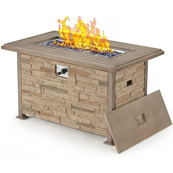 Vicluke 44 inch Aluminum Propane Fire Pit Table with Faux Ledgestone, Hand-Painted Table Top, 50,000 BTU Gas Fire Table with CSA Certification, Waterproof Cover, Glass Rock for Outdoor, Patio
