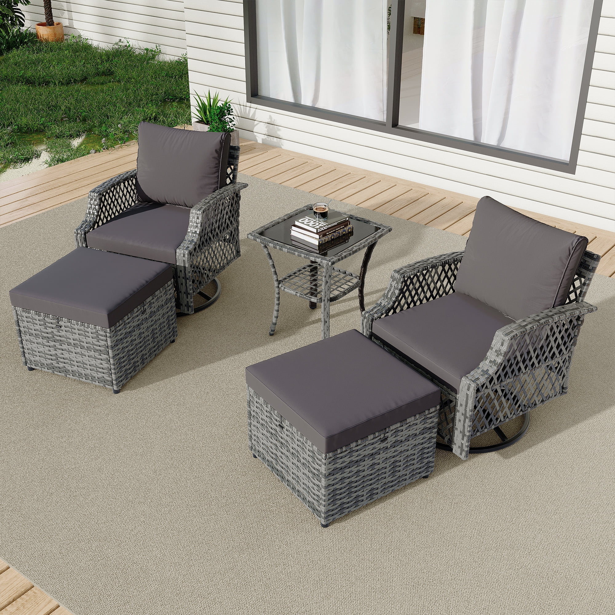 Vicluke 5 Piece Outdoor Swivel Chair Set with Ottomans, Wicker Patio ...