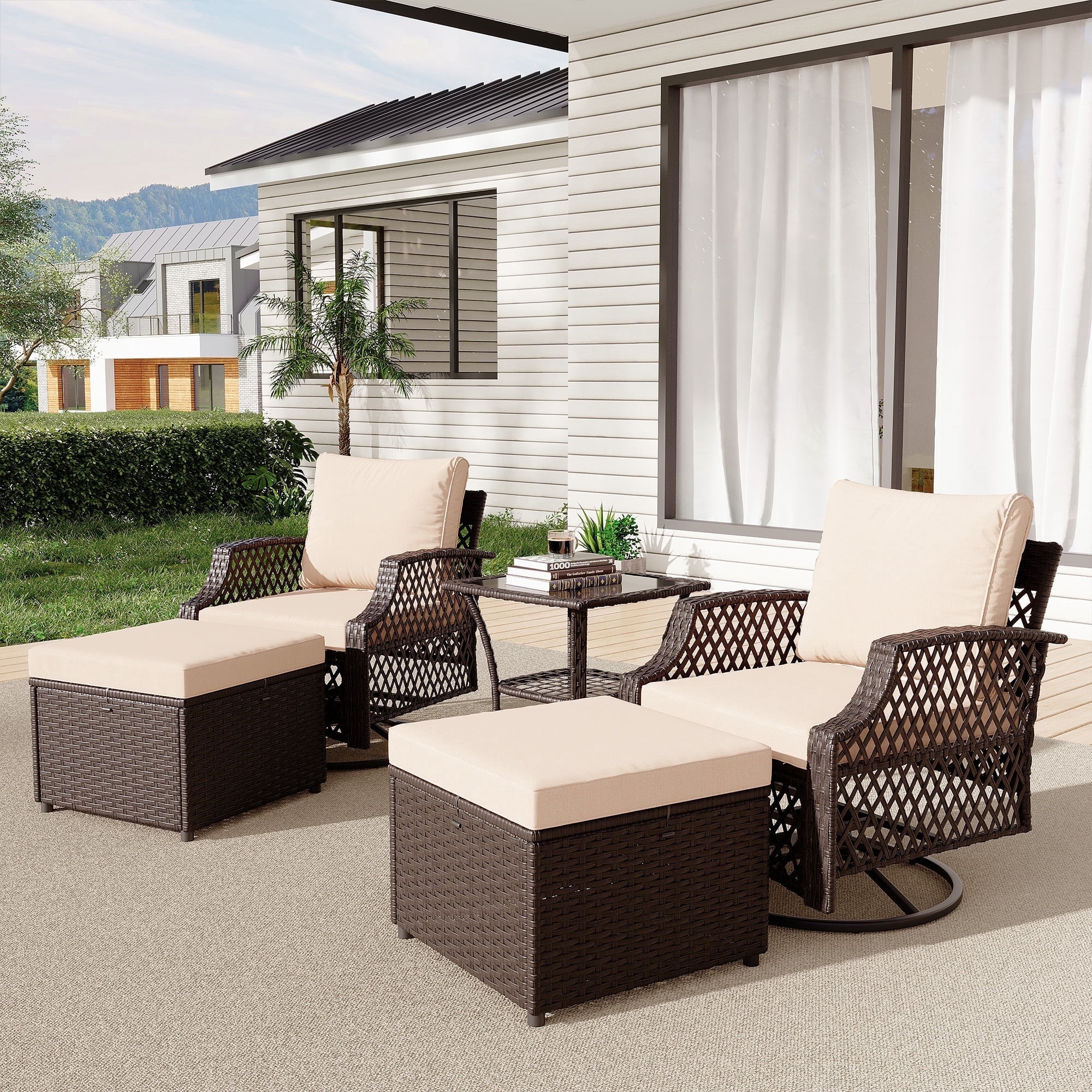 Vicluke 5 Piece Outdoor Swivel Chair Set with Ottomans, Wicker Patio Bistro Set with Thickened 25D Cushions and Glass Coffee Table, Patio Furniture Conversation Set for Yard, Garden, Poolside(Khaki)