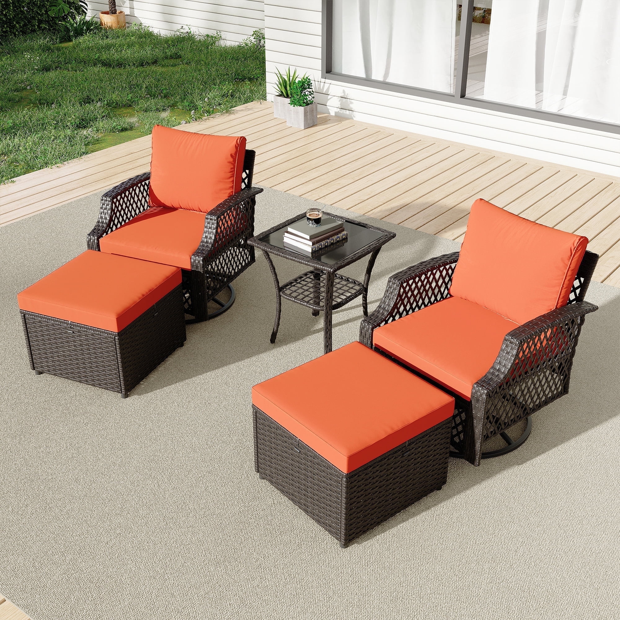 Vicluke 5 Piece Outdoor Swivel Chair Set with Ottomans, Wicker Patio Bistro Set with Thickened 25D Cushions and Glass Coffee Table, Patio Furniture Conversation Set for Yard, Garden, Poolside(Orange)