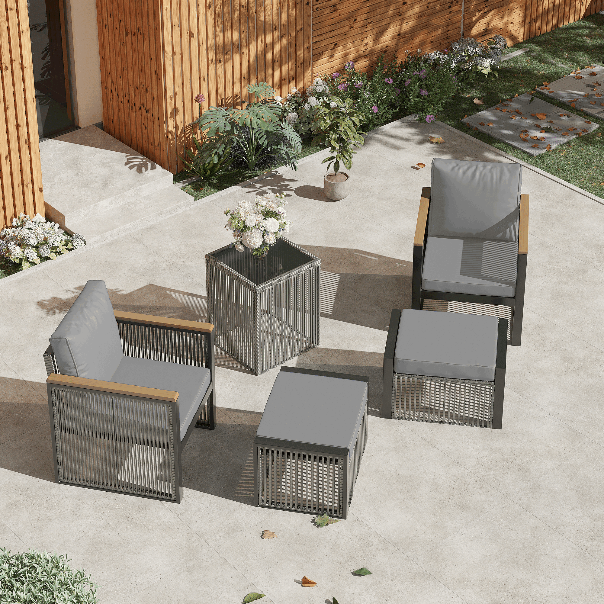 Vicluke 5 Pieces Patio Set Outdoor Furniture Sets Modern Chair Conversation Sets with Ottoman & Coffee Table for Yard and Bistro