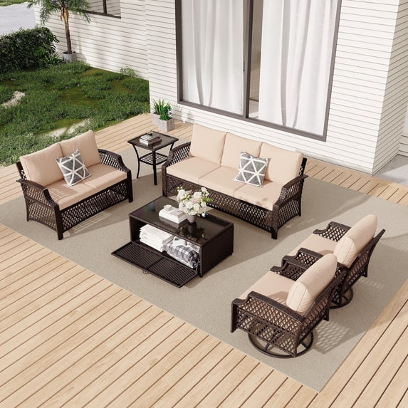 Vicluke 6 Piece Patio Furniture Set, Wicker Outdoor Conversation Sofa Set with Swivel Chairs, Loveseat, Storage Coffee Table, Rattan Outdoor Sectional for Deck Backyard Porch(7 Seats, Khaki)