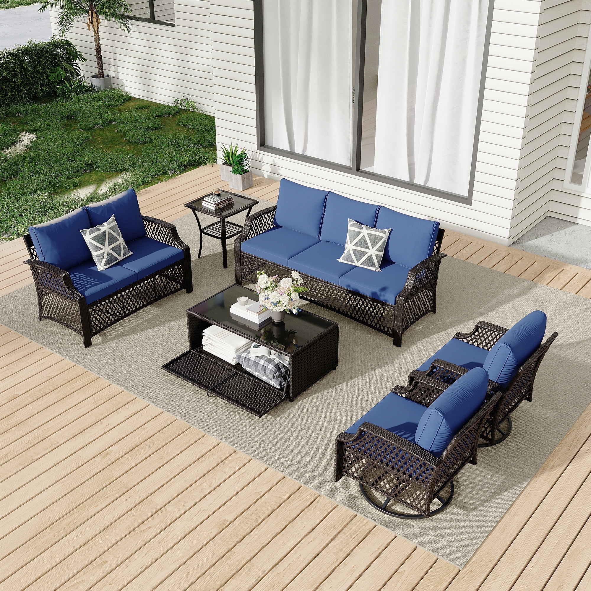Vicluke 6 Piece Patio Furniture Set, Wicker Outdoor Conversation Sofa Set with Swivel Chairs, Loveseat, Storage Coffee Table, Rattan Outdoor Sectional for Deck Backyard Porch（7 Seats, Navy Blue)
