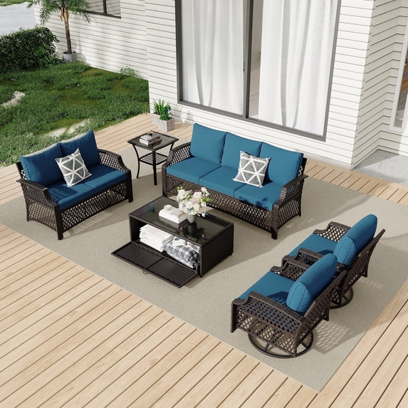 Vicluke 6 Piece Patio Furniture Set, Wicker Outdoor Conversation Sofa Set with Swivel Chairs, Loveseat, Storage Coffee Table, Rattan Outdoor Sectional for Deck Backyard Porch(7 Seats, Turquoise)