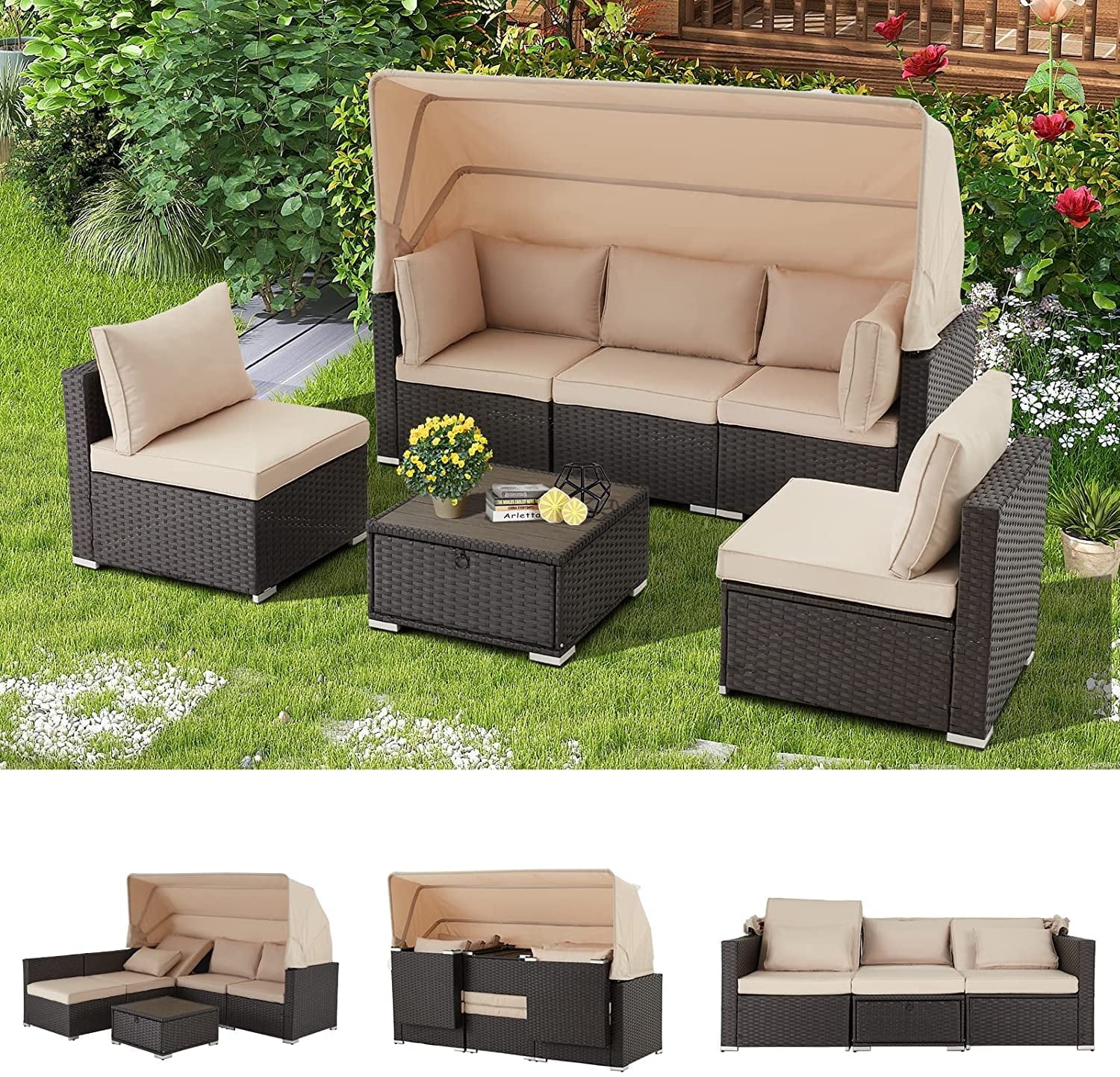 Vicluke 6 Pieces Patio Furniture Sets Outdoor Rattan Daybed, Rectangle Sunbed for Backyard (Khaki)