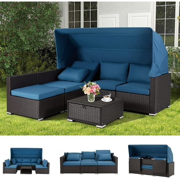 Vicluke 6 Pieces Patio Furniture Sets, Rattan Daybed with Retractable Canopy, Outdoor Sectional Sofa Set with Adjustable Backrest, Chaise Chair Sunbed for Garden Poolside Backyard（Blue）