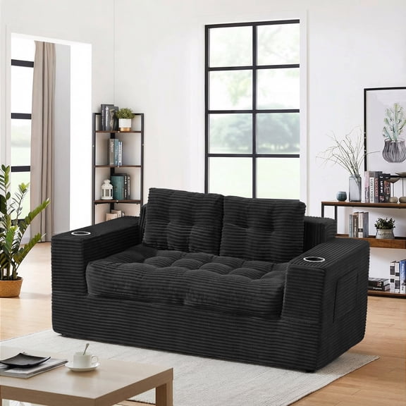 Vicluke 61" Cloud Loveseat Boneless Sofa Couch in a Box, Upholstered Floor Sofa with Cup Holder, 2 Seater Deep Foam Compression Couches, Large Bean Bag Chair for Bedroom Living Room, Black