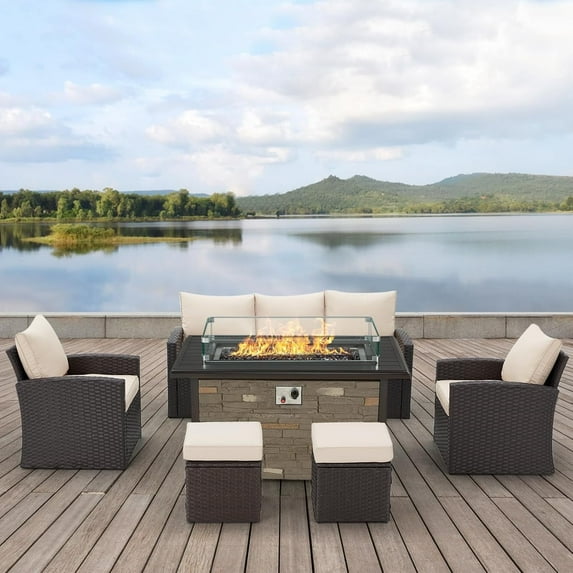 Vicluke 7 Piece Rattan Patio Furniture Set with Propane Fire Pit Table, Wind Guard for Outdoor, Beige