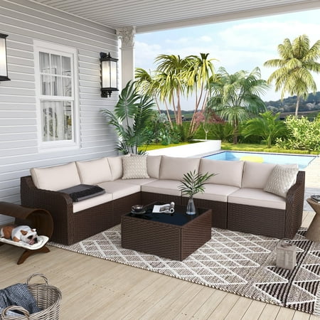 Vicluke 7 Piece Patio Furniture Set, Rattan Wicker Sectional Sofa Set Backyard-Khaki