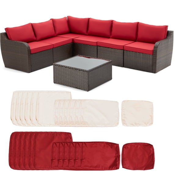 Vicluke 7 Piece Patio Furniture Set, Rattan Wicker Sectional Sofa Set Backyard-Wine Red(Extra Khaki Covers)