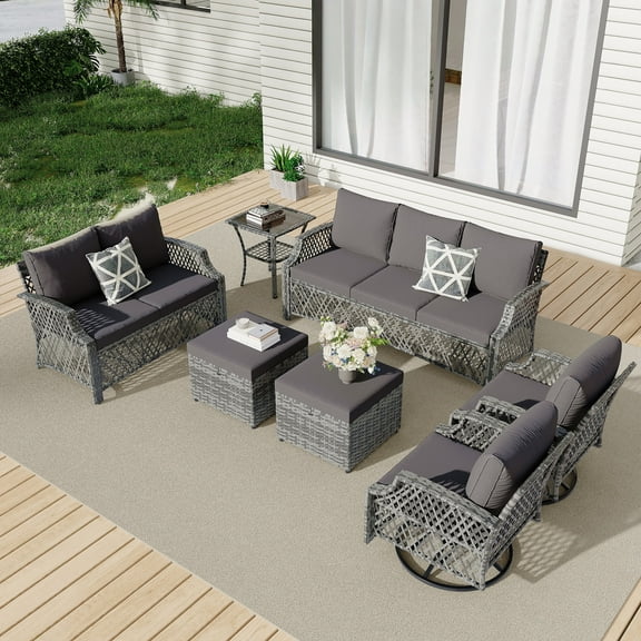 Vicluke 7 Piece Patio Furniture Set, Wicker Outdoor Conversation Sofa Set with Swivel Chairs, 2 Ottomans, Glass Side Table, Rattan Outdoor Sectional for Deck Backyard Porch （9 Seats, Gray）