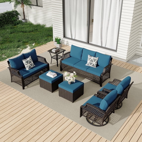 Vicluke 7 Piece Patio Furniture Set, Wicker Outdoor Conversation Sofa Set with Swivel Chairs, 2 Ottomans, Glass Side Table, Rattan Outdoor Sectional for Deck Backyard Porch (9 Seats, Turquoise)