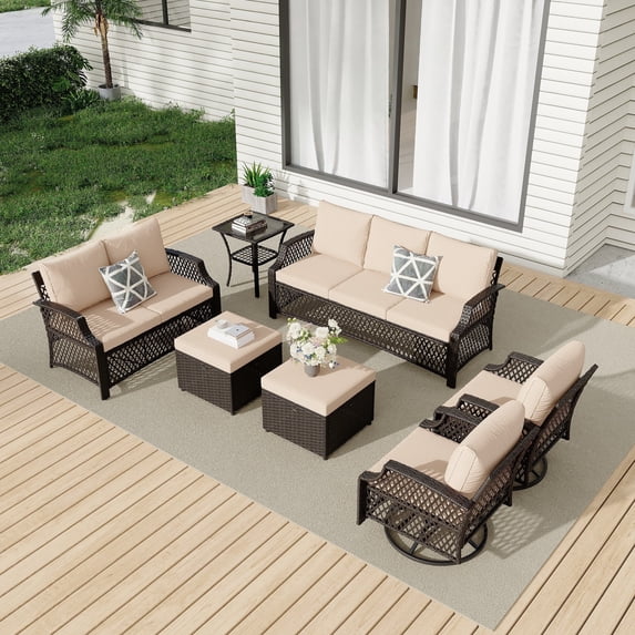 Vicluke 7 Piece Patio Furniture Set, Wicker Outdoor Conversation Sofa Set with Swivel Chairs, 2 Ottomans, Glass Side Table, Rattan Outdoor Sectional for Deck Backyard Porch (9 Seats, Khaki)