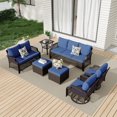 thumbnail image 1 of Vicluke 7 Piece Patio Furniture Set, Wicker Outdoor Conversation Sofa Set with Swivel Chairs, 2 Ottomans, Glass Side Table, Rattan Outdoor Sectional for Deck Backyard Porch （9 Seats, Navy Blue), 1 of 9