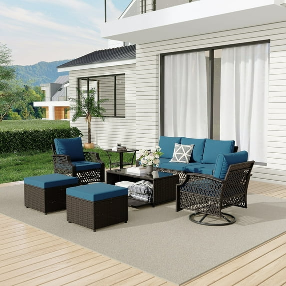 Vicluke 7 Piece Patio Furniture Set, Wicker Outdoor Conversation Sofa Set with Swivel Chairs, 2 Ottomans, Storage Coffee Table, Rattan Outdoor Sectional for Deck Backyard Porch (7 Seats, Turquoise)