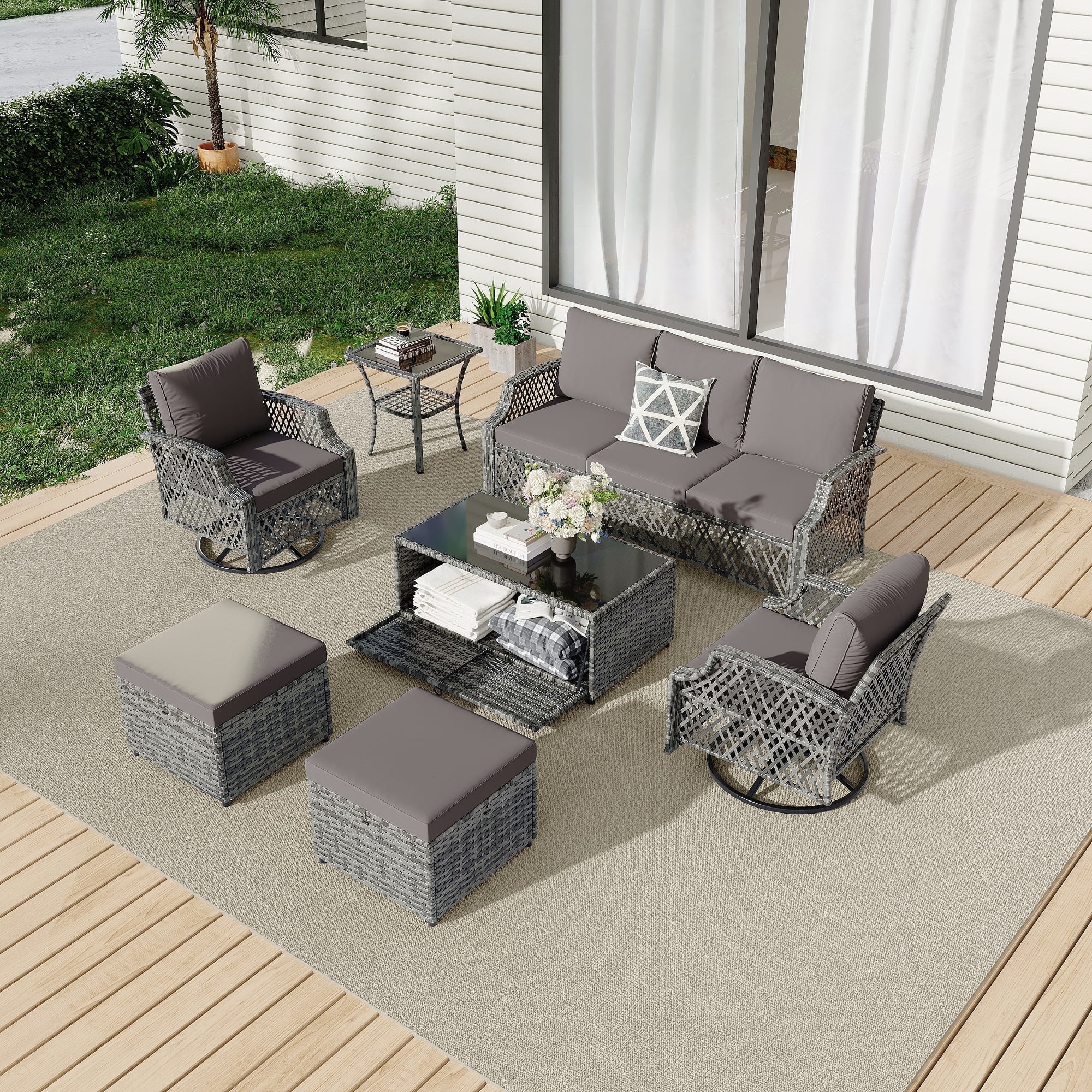 Vicluke 7 Piece Patio Furniture Set, Wicker Outdoor Conversation Sofa Set with Swivel Chairs, 2 Ottomans, Storage Coffee Table, Rattan Outdoor Sectional for Deck Backyard Porch （7 Seats, Gray）