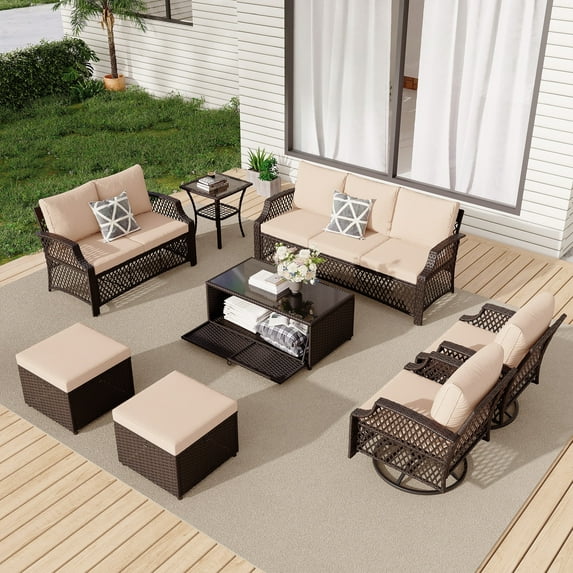 Vicluke 8 Piece Patio Furniture Set, Wicker Outdoor Conversation Sofa Set with Swivel Chairs, 2 Ottomans, Storage Coffee Table, Rattan Outdoor Sectional for Deck Backyard Porch (9 Seats, Khaki)
