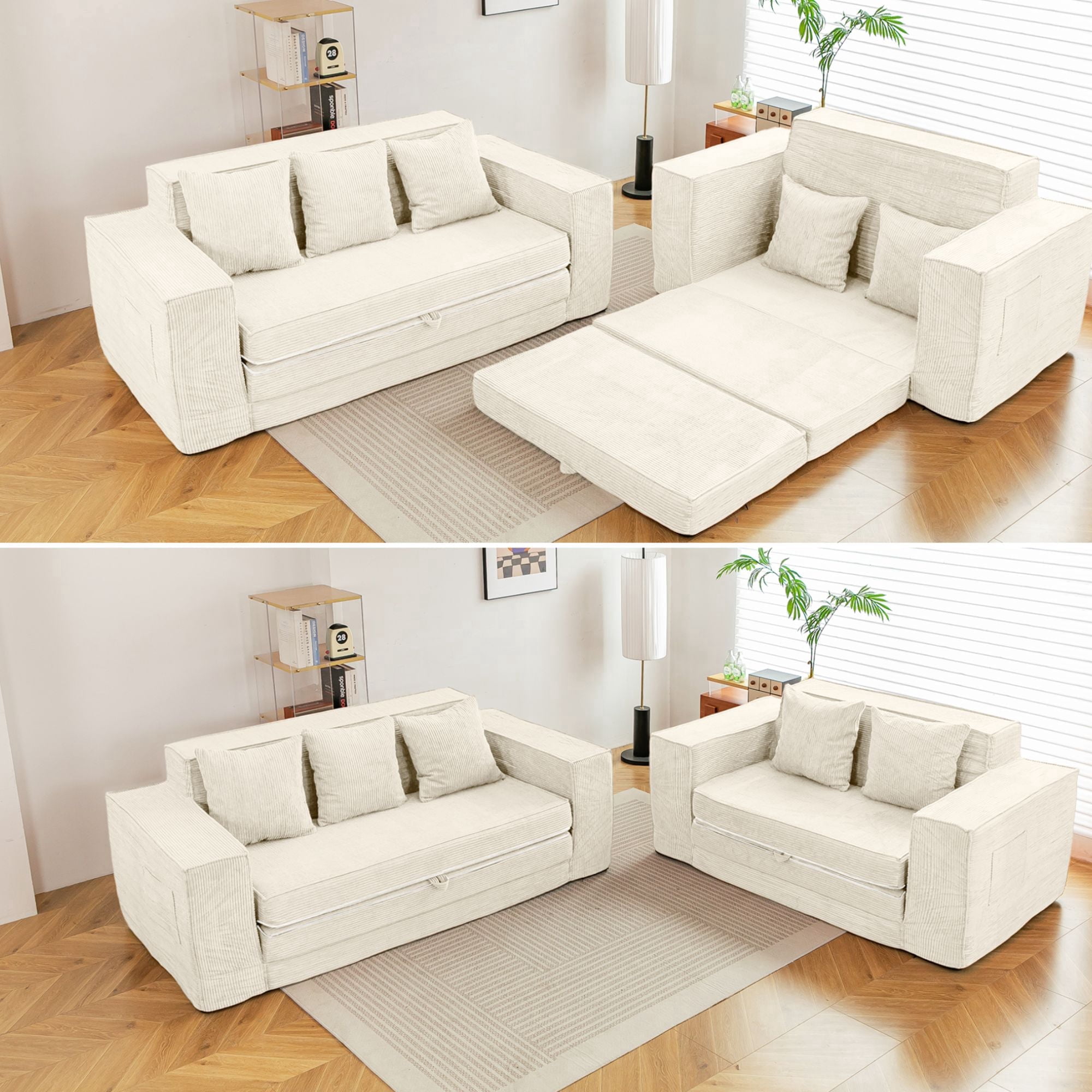 Vicluke Convertible Memory Foam 3-seat Sofa & Loveseat, Pull Out Sleeper Sofa Bed, 2 in 1 Folding Couch Bed, Fold Out Floor Couch Corduroy Fabric with Pillows for Living Room Bedroom Lounge(Beige)