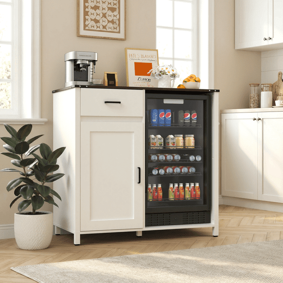 Vicluke Mini Fridge Cabinet with Power Outlets, Coffee Bar Cabinet with Fridge Space & Storage Drawer, Wine Bar Cabinet Buffet Sideboard Table for Kitchen, Dining Room or Living Room, White