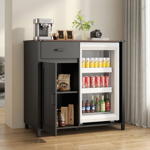 Vicluke Mini Fridge Cabinet with Power Outlets, Coffee Bar Cabinet with Fridge Space & Storage Drawer, Wine Bar Cabinet Buffet Sideboard Table for Kitchen, Dining Room or Living Room, Black