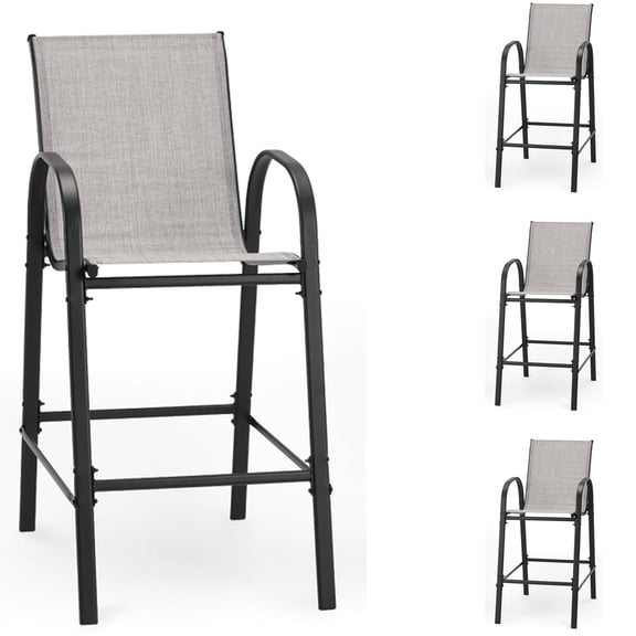 Vicluke Patio Bar Height Stools Set of 4,High Back Patio Chairs with Armrests and Footrests,Textilene Chairs with Breathable Fabric & Metal Frame for All Weather,Light Grey