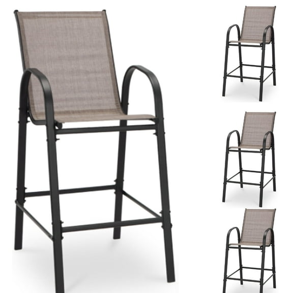 Vicluke Patio Bar Height Stools Set of 4,High Back Outdoor Chairs with Armrests and Footrests,Textilene Chairs with Breathable Fabric & Metal Frame for All Weather,Taupe