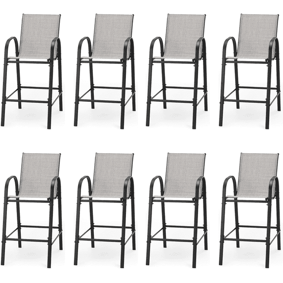 Vicluke Patio Bar Height Stools Set of 8,High Back Outdoor Chairs with Armrests and Footrests,Textilene Chairs with Breathable Fabric & Metal Frame for All Weather,Light Grey